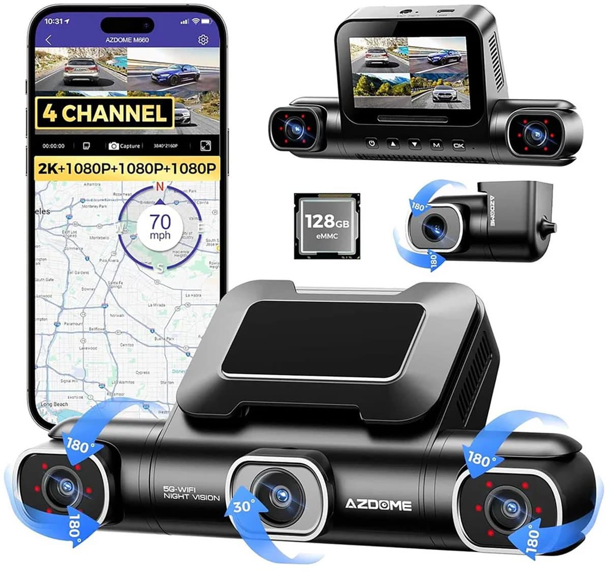 AZDOME M660 2.5K 4CH 360° Dash Cam, Ingebouwde 128GB eMMC, 4 Camera's (voor + achter + links + rechts), GPS, 5G WiFi, 3" Touchscreen, G-Sensor & IR Nachtzicht - Professionele Auto Beveiliging - Haarscherpe Nachtzicht - Dashcam Auto 2026 Model — afbeelding 1
