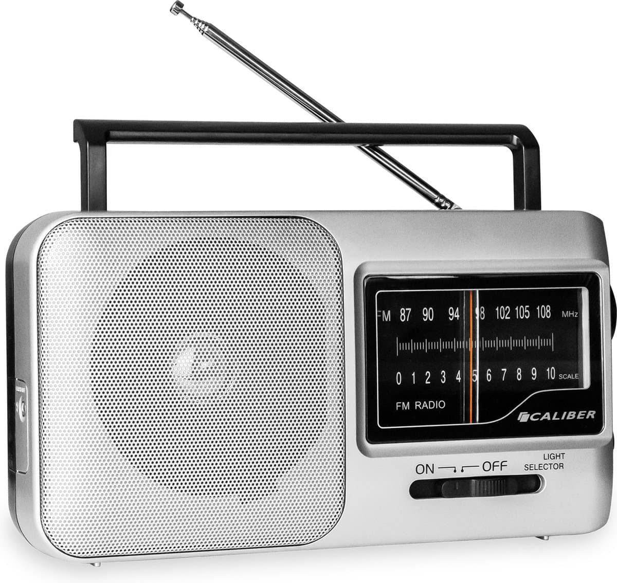 Caliber Noodradio met Zaklamp - Draagbare radio - Werkt op batterijen en op Netstroom - Retro radio - FM radio - Keukenradio - Noodradio Denk Vooruit - Handvat - Koptelefoonaansluiting - Zilver (HPG317-R) — afbeelding 1