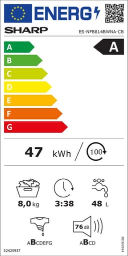 Sharp was machine New Line ESNFB814BWNA – energie label A – 8kg – 1400rpm – Aquastop – Steamwash – wit — thumbnail 2