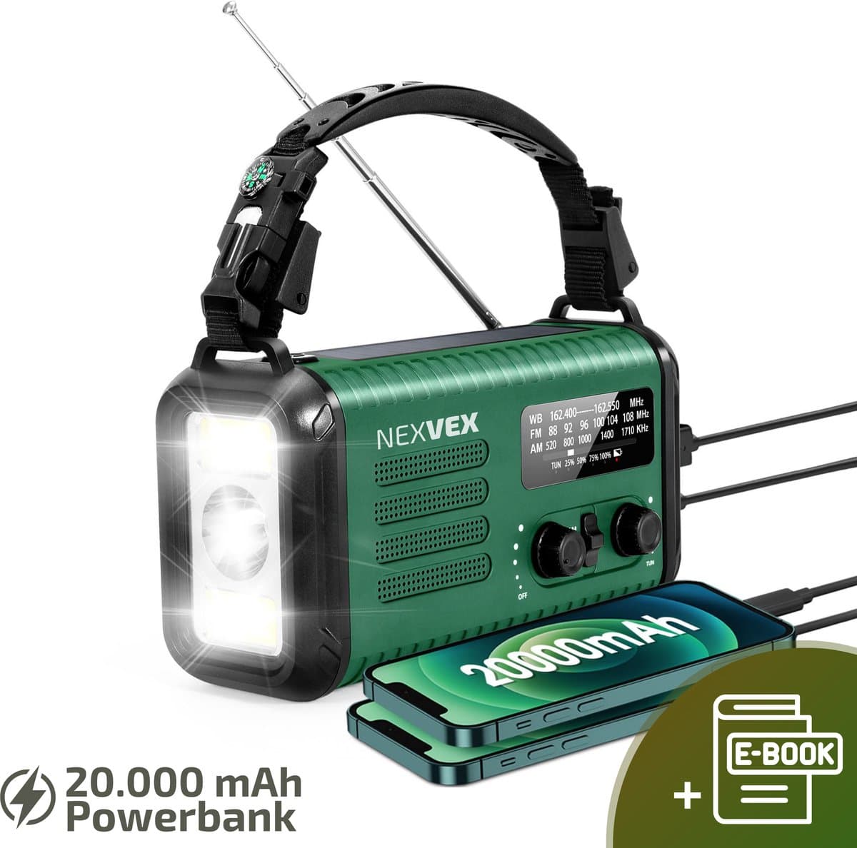 Nexvex® Pulse 2X Noodradio Powerbank 20000mAh - Solar Powerbank Zonneenergie - Noodpakket - Survival Kit Kamperen - Militaire Zaklamp LED Oplaadbaar - Draagbare Radio Wandelen - Leeslamp - Nood Kompas - Opwindbaar - Zonnepaneel - Noodrantsoen - Groen — afbeelding 1