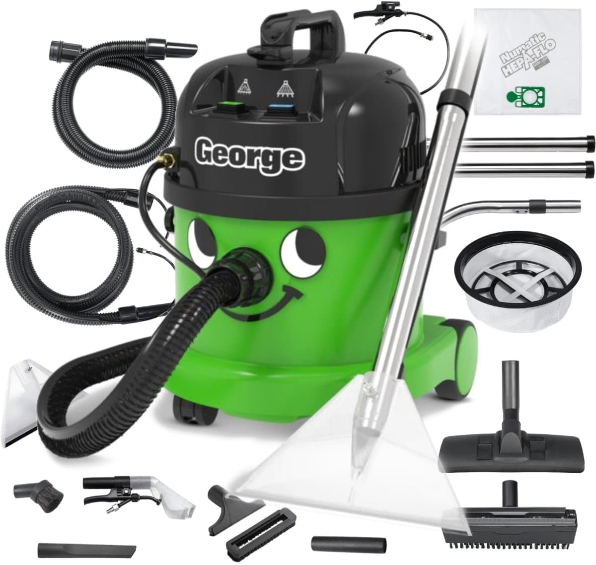 Numatic George - tapijtreiniger stofzuiger -  15 liter - 1060W - 10M snoer - inclusief accessoire kit voor reinigen van tapijt en bekleding, textiel, auto interieur  - nat en droogzuiger - sproei-extractieapparaat, extractiemachine - bouwstofzuiger — afbeelding 1