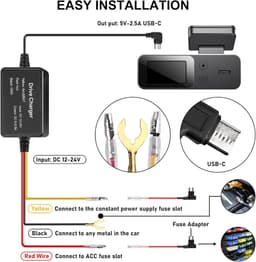 Hardwire Kit USB-C Display voor Dash Cam - Dashboard Camera Car Charger Cable Kit - 12V naar 5V Kabel voor Laagspanningsbeveiliging van Zekeringen — thumbnail 5