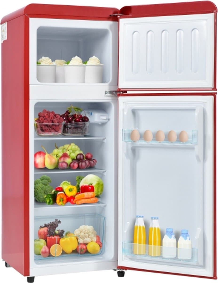 Retrokoelkast. Koel-vriescombinatie, 105,5 cm hoog, 41 cm breed, tweedeurs, met 92 liter totaalvolume, 28 liter vriesvolume. Deurplanken en glazen planken. 181 kWh/jaar, -27°C ~13°C, LED-licht. — afbeelding 1