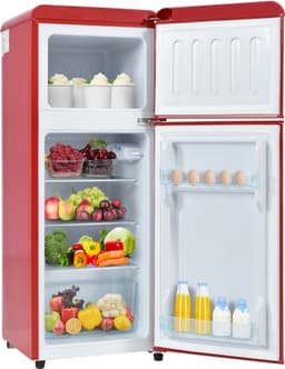 Retrokoelkast. Koel-vriescombinatie, 105,5 cm hoog, 41 cm breed, tweedeurs, met 92 liter totaalvolume, 28 liter vriesvolume. Deurplanken en glazen planken. 181 kWh/jaar, -27°C ~13°C, LED-licht. — thumbnail 1