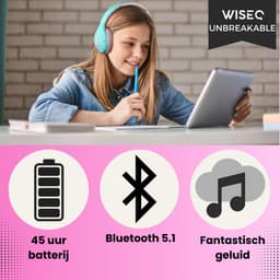 WiseQ Onbreekbare Draadloze Kinderkoptelefoon – Koptelefoon Kind Geluidsdempend – Draadloze Koptelefoon Kind Bluetooth – Over Ear – 45 Uur Batterij – Met Microfoon – Volumebegrenzer – Mintgroen Roze — thumbnail 3