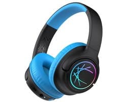 StayPowered Koptelefoon voor Kinderen - de Ultieme Kinderhoofdtelefoon met 43 Uur Speeltijd en Veilige Volumebegrenzing - Ingebouwde Verlichting - Opvouwbaar Ontwerp - USB C - Bedraad/Bluetooth - Zwart/Blauw - Levering Sneller dan Aangegeven!