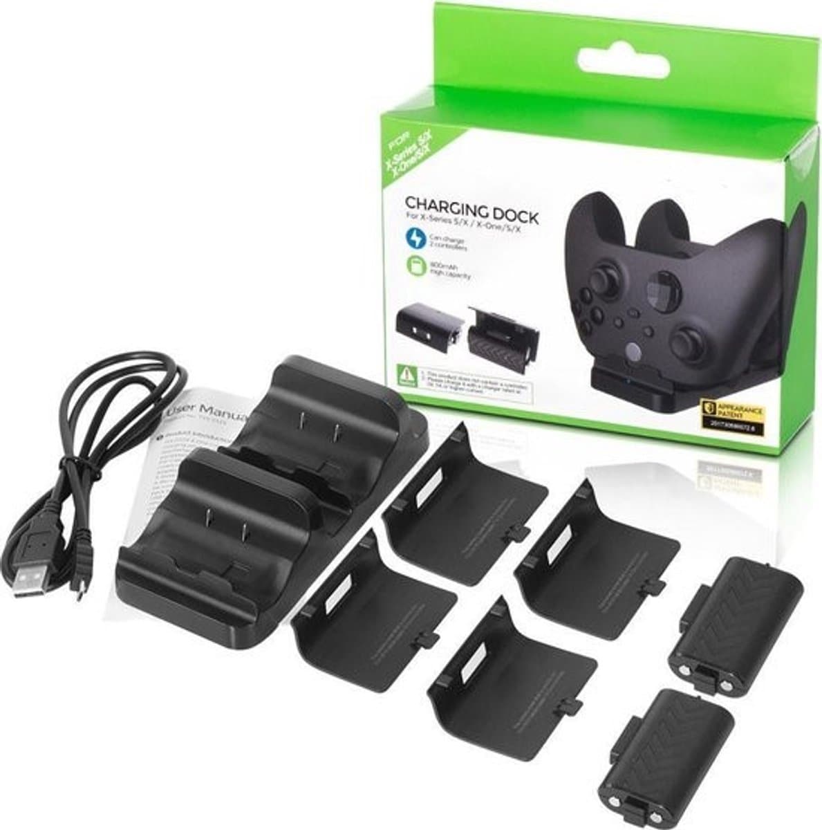 Oplaadstation voor de XBOX Series X/S & XBOX ONE X/S - Black Docking Station INCL. 2 Accu's & 2 Xbox One Kapjes & 2 Xbox Series Kapjes — afbeelding 1