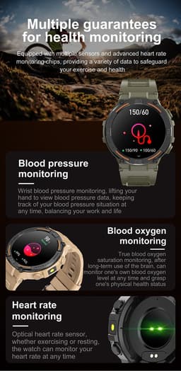 Knobbout 1.52" Scherm (3.8cm) Schokbestendig Sport Smartwatch - Zijwaartse LED-verlichting-Bloeddrukmeting, hartslag monitoring en bloedzuurstof (SpO₂)-controle- Bluetooth belfunctie - Sedentaire herinnering-Zwart stall+ siliconenband — thumbnail 5