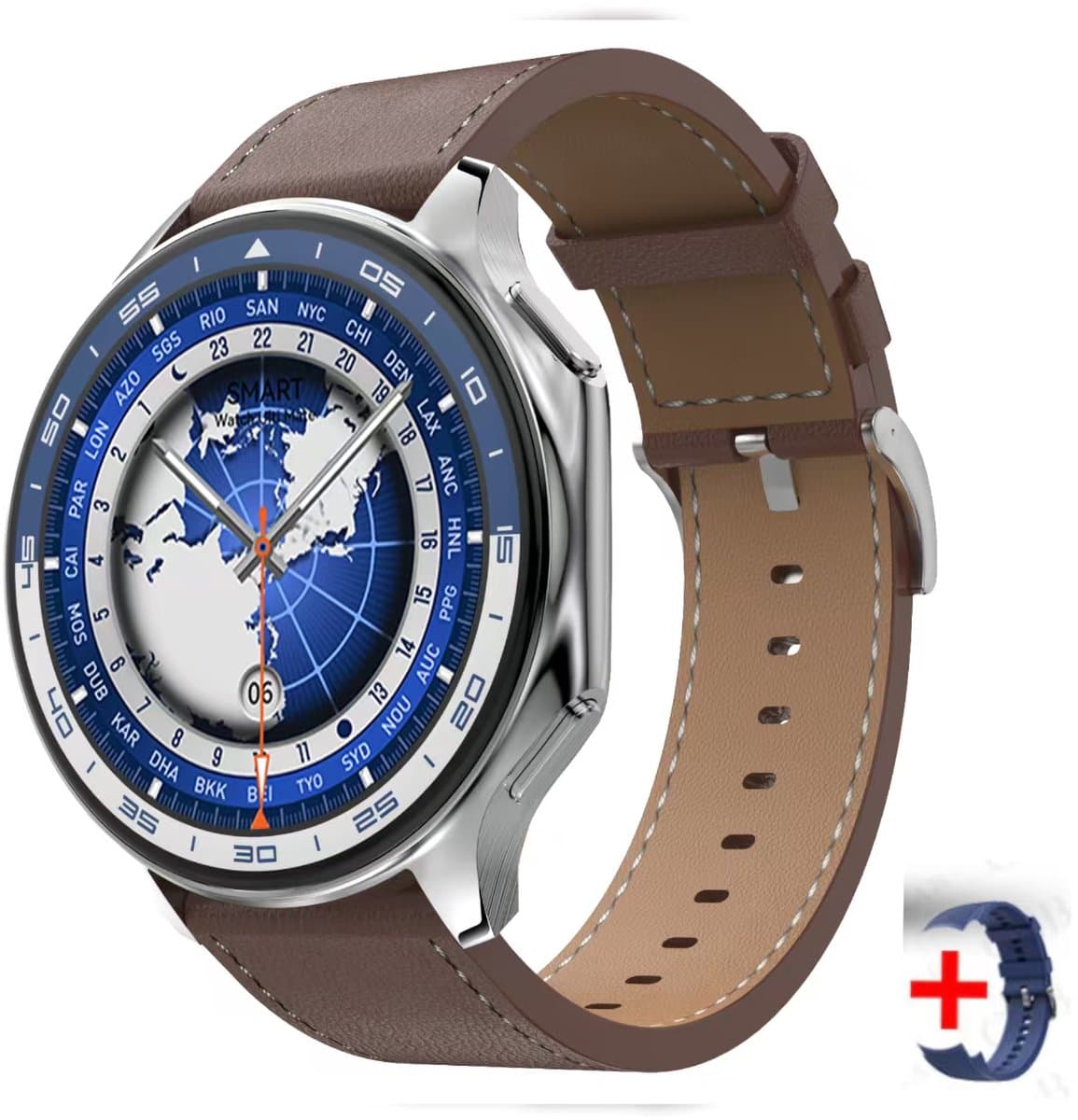 Knobbout 1.43" Scherm AMOLED-scherm met 3D-ontwerp Smartwatch - Slimme opnamefunctie- 4 GB interne opslag - MP4-video-ondersteuning - Nieuwste ATS3085S Gen 2-chipset - Ingebouwde kompasfunctie - Bruine lederen + blauwe siliconen horlogeban — afbeelding 1