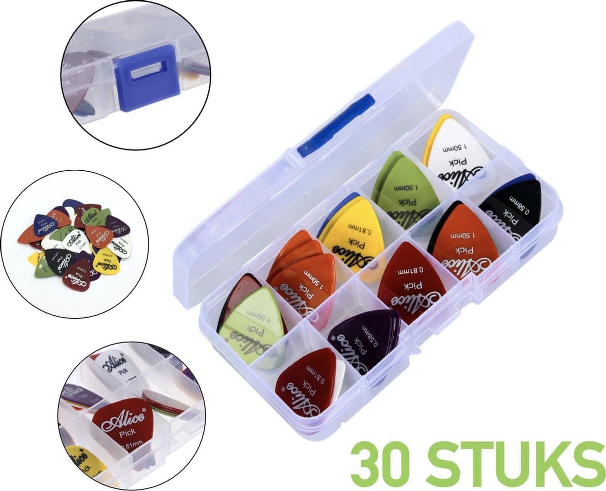 Gitaar Plectrum Set in Koffer met 30 plectrums - Verschillende Diktes & kleuren — afbeelding 1