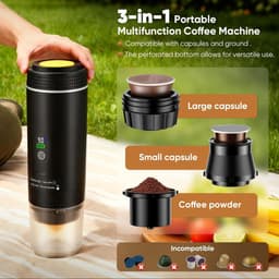 2026 Nieuw Koffiezetapparaat - 3 in 1 Mini Koffiemachine - Draagbare koffiemachine - Compatibel met capsules en gemalen koffie | 80ml - Koude en warme extractie - Eenvoudig te bedienen - Voor kamperen in de auto en op reis - Zwart — thumbnail 5