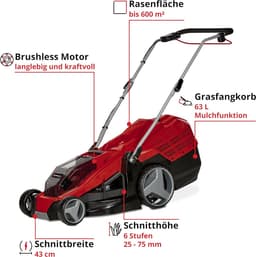 Accu Grasmaaier - Draadloze Grasmaaier - Gazon Onderhoud - 6-Traps Maaihoogte - 43 Cm Maaibreedte - Rood Zwart — thumbnail 3