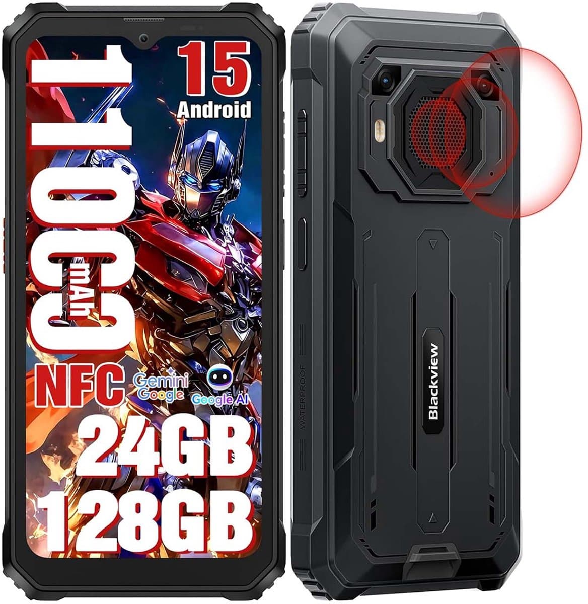 Blackview BV6200 Plus Robuuste Smartphone 4G - 24GB RAM - 128GB - 6,56 inch - 11000mAh - IP68/IP69K Outdoor telefoon - Dual SIM - Android 14 - NFC - GPS - Zwart — afbeelding 1