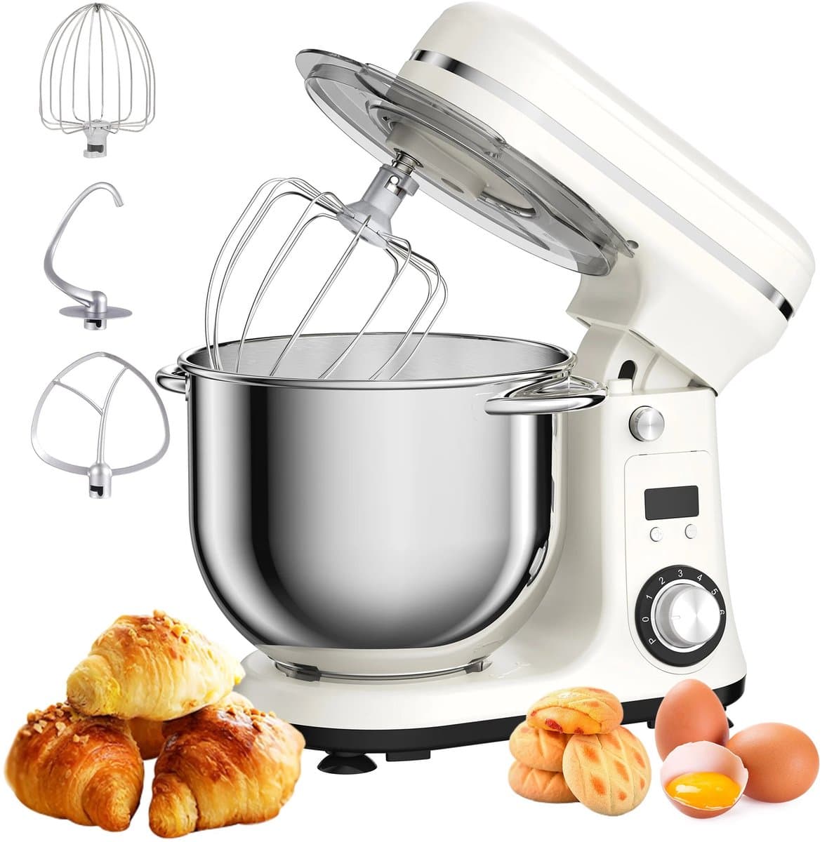 Lunekiss Keukenmixer 6L met RVS mengkom, LED-timer en 1200W stille DC-motor - 6 snelheden, standmixer met accessoires set - Wit — afbeelding 1