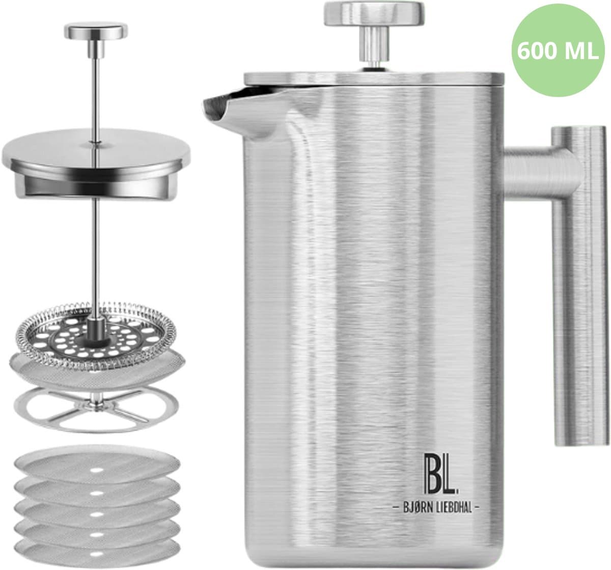 Bjørn Liebdhal Premium Cafetiére, Dubbelwandig, Roestvrij Staal, 600 ml - French Press Koffiemaker - Geschikt Voor Koffie, Melkopschuimen & Thee — afbeelding 1
