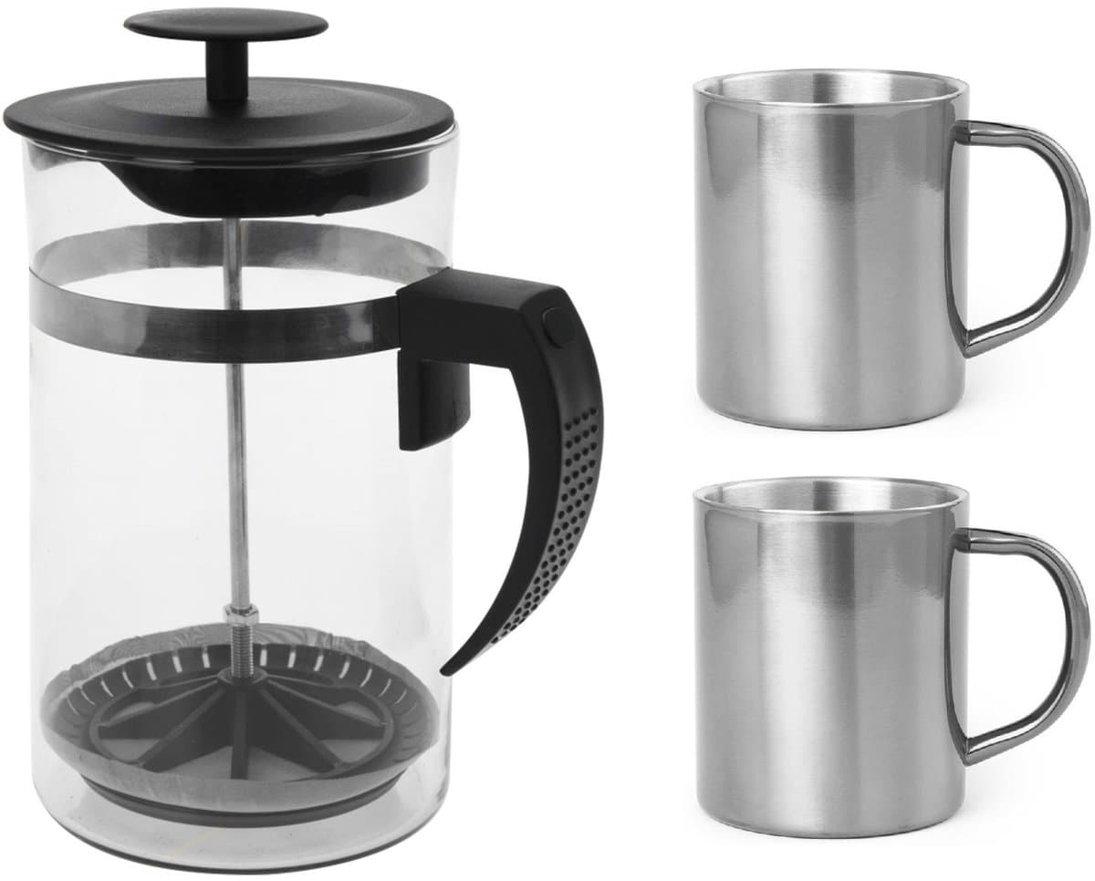 Camping percolator / cafetiere set - 1 liter - Incl 2x RVS koffiemokken - koffiezetter — afbeelding 1