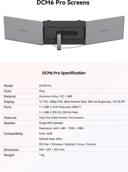 Blackview DCM6 Pro 14“ dubbele draagbare monitor – extra laptopscherm 13-17,3” – uitbreidingsscherm – dual screen – IPS Full HD – plug & play – aansluiting via één kabel – inclusief kabels en beschermhoes – grijs — thumbnail 2