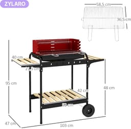 Premie Houtskool Barbecue - in Hoogte Verstelbaar Grillrooster - Grilloppervlak 53x34cm - met Houten Plank en Wielen - BBQ voor Kamperen, Buiten, Tuin - 103x47x95 cm - Rood — thumbnail 4