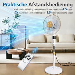 Staande ventilator 60W - Statiefventilator met 3 Snelheden - Vloerventilator met met Afstandsbediening - Stille Ventilator in Hoogte Verstelbaar 110 tot 125 cm - Timer - Kantelbaar en Oscillerend - 53dB - Wit — thumbnail 2