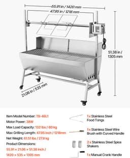 Rotisseriegrill met elektromotor, 38 W BBQ-spitrooster voor buiten koken, houtskoolgrill met een capaciteit van 132 lbs, verstelbare hoogteniveaus, roestvrijstalen ontwerp met wielen voor kamperen en buitengebruik — thumbnail 2