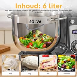 SOLVA Keukenmachines - Deegmachine - Kneedmachine - Deegmixer - 6 Versnellingen - 1200W - 240V - 6L - 35,1×28,5×31,2 cm - Grijs — thumbnail 5