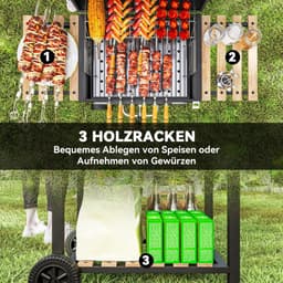 Premie Houtskool Barbecue - Smoker Barbecue - Barbecuegrill - Grillwagen - in Hoogte Verstelbare Houtskoolbak - Houtskoolgrill met Deksel, Flesopener, Thermometer, Planken - Verplaatsbaar - BBQ voor buiten, tuin - Zwart — thumbnail 3
