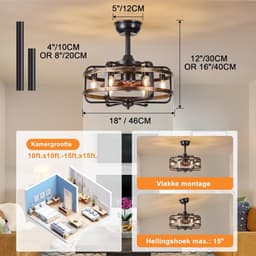 Plafondventilator met Verlichting - Industriële Retro - Zwarte Metalen Kooi - Stille 3 Snelheden - Reversibel Plafondventilator - Met Afstandsbediening - Vervangbaar 6x E14 - Lamp voor Woonkamer — thumbnail 5