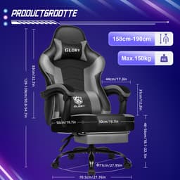 Hiaonyx Gaming Stoel - 170° Verstelbare Rugleuning - Inklapbare Voetsteun - racerstijl - Geïntegreerde Armleuningen - Maximale Belastbaarheid 150kg - Grijs — thumbnail 5
