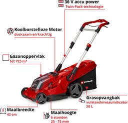 Einhell Professional Accu Grasmaaier RASARRO 36/42 Li Kit - Power X-Change - 36 V/Li-ion - Maaibreedte 42 cm - Aanbevolen gazonoppervlakte: tot 725 m² - 50 L opvangbak - Maaihoogte: 25-75 mm - Mulching functie - incl. 2x 5.2Ah + 1x DUO-lader — thumbnail 2