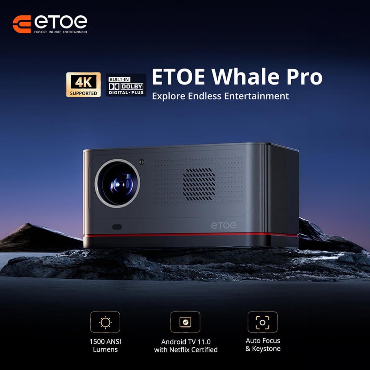 ETOE Whale Pro Projector, Android TV 11.0, 1500 ANSI, 1080P Native 4K Decoding, Auto Focus/Keystone, Dual Band WiFi, Dolby Audio, Home Theater​ — afbeelding 1