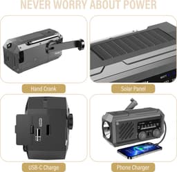 AG Noodradio Solar Opwindbaar en Batterij - Draagbaar - 3 in 1 Radio - Handdynamo – Opwindbare FM/AM/WB Radio – Powerbank 2000mAh – USB & USB-C opladen – Zaklamp & SOS-Alarm – Voor Noodpakket, Camping & Stroomuitval - Zwart — thumbnail 3