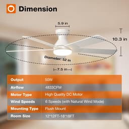 5 Blad Plafondventilator - Moderne LED Ventilator Lamp - 6 Snelheden - Bedienbaar Met Afstandsbediening - 132 cm - Wit - Woonkamerlamp — thumbnail 5