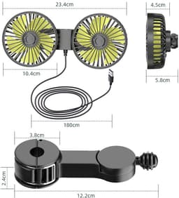 Auto Hoofdsteun Ventilator - Autoventilator Achterbank - USB - Dubbele Kop - 5 Bladen - 10W - Krachtige Luchtstroom - Zwart — thumbnail 2
