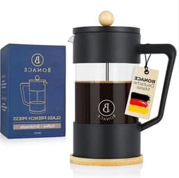 French Press Koffiezetapparaat van borosilicaatglas zwart met bamboe-elementen - inclusief cliplepel van roestvrij staal, reinigingsborstel en 2 reservefilters - voor 6 kopjes 1 liter — thumbnail 1