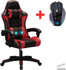 Lexorion Gaming Stoel – Ergonomische Gaming Chair – Inclusief RGB Gamingmuis – Verstelbaar – Lederen Gamestoel – 136 kg – Rood– Bureaustoel — thumbnail 1