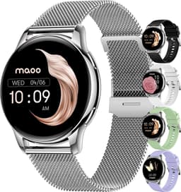 Maoo Ventura AMOLED Smartwatch Dames - RVS en 4x Siliconen Bandje - Stappenteller - Hartslagmeter - Slaapmonitor - Multisport - Geschikt voor Android en iOS - Zilver en Wit — thumbnail 1