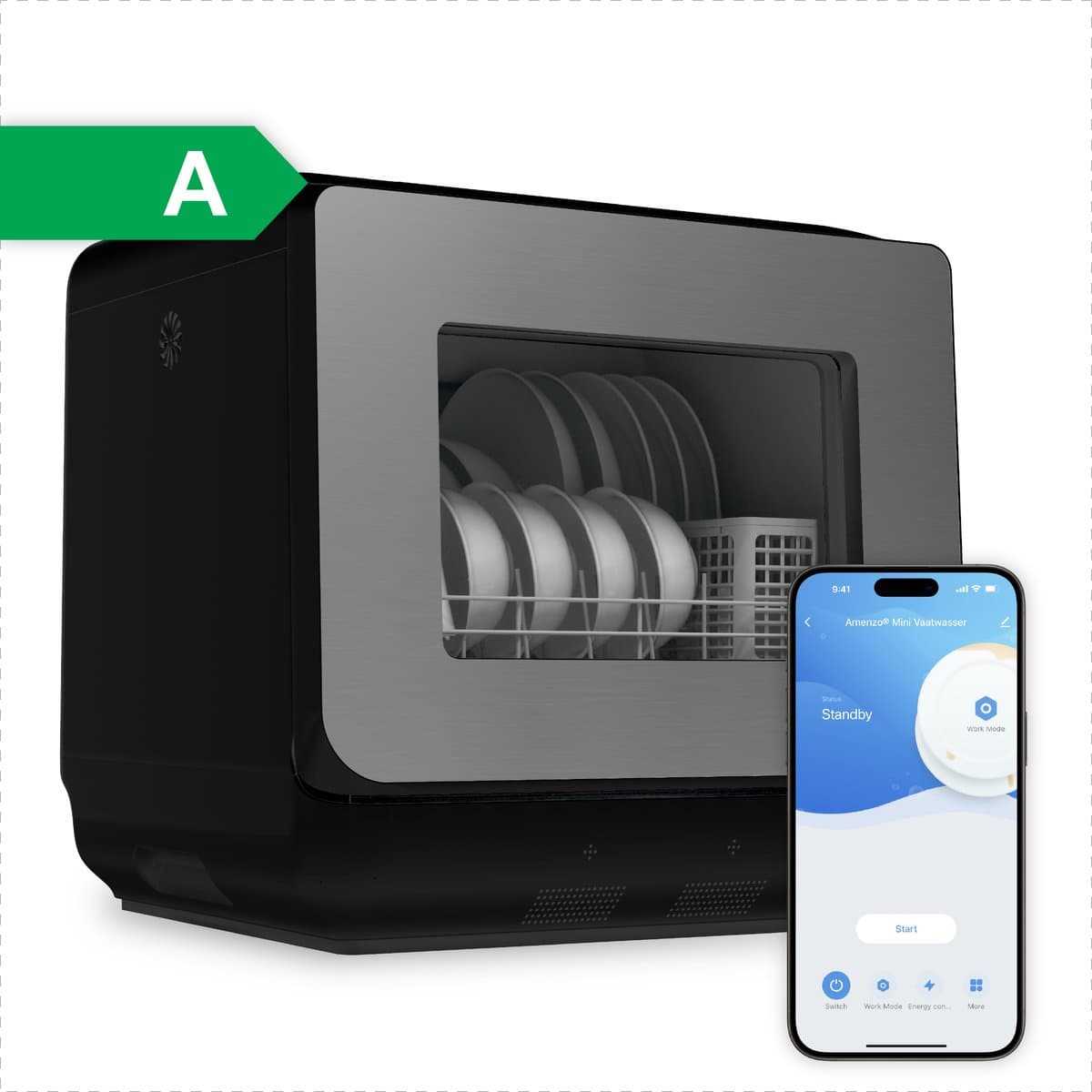 Amenzo® - Mini Vaatwasser - Inclusief App - Energielabel A - 900 Watt - 5 Programma's - Zwart - Afwasmachine - Met Waterreservoir — afbeelding 1