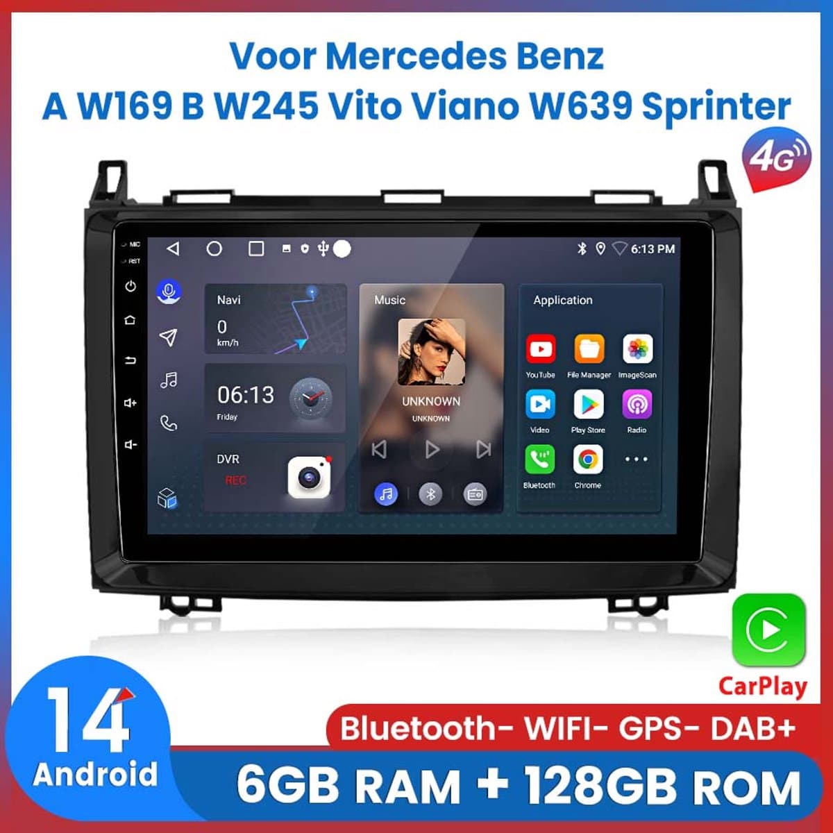 Awesafe Autoradio 6GB+128GB met Carplay en Android auto - Geschikt voor Mercedes Benz A, B, V klasse, Vito, Viano Sprinter en Vw Volkswagen Crafter 2004-2017 - Radio scherm met Navigatie GPS - 8 Kern V1PRO Versie - Draadloos Apple Carplay & Android — afbeelding 1