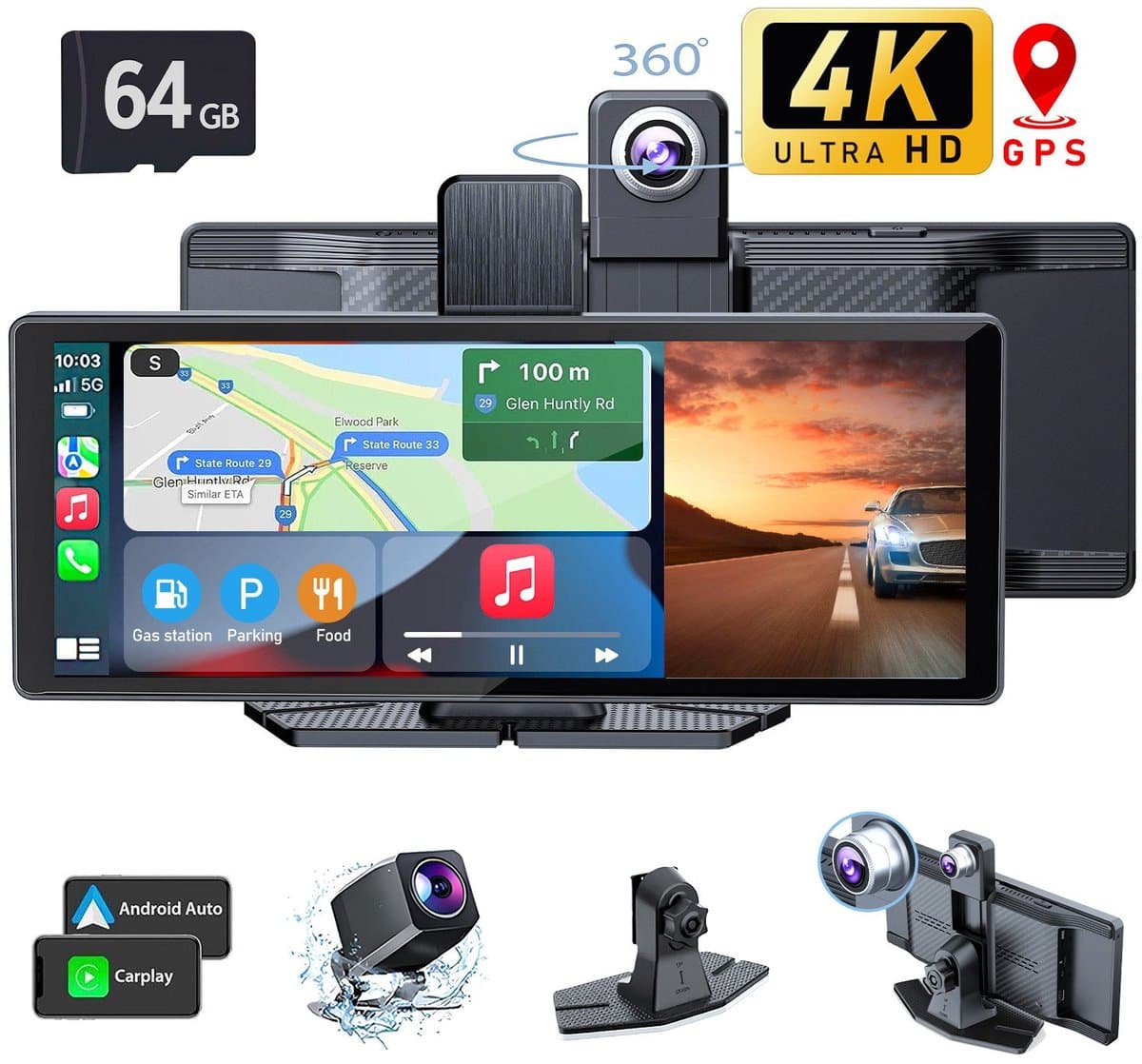 IBETTERTEC - Dashcam Auto - Autocamera - Camera Carplay met GPS-navigatieapparaat Dashcam 64 GB-kaart - WLAN (Wi-Fi) - Apple CarPlay - Android Auto - 26 cm (10,26 inch) - voor auto's - vrachtwagens - personenauto's - campers - autoradio-touchscreen 5 — afbeelding 1