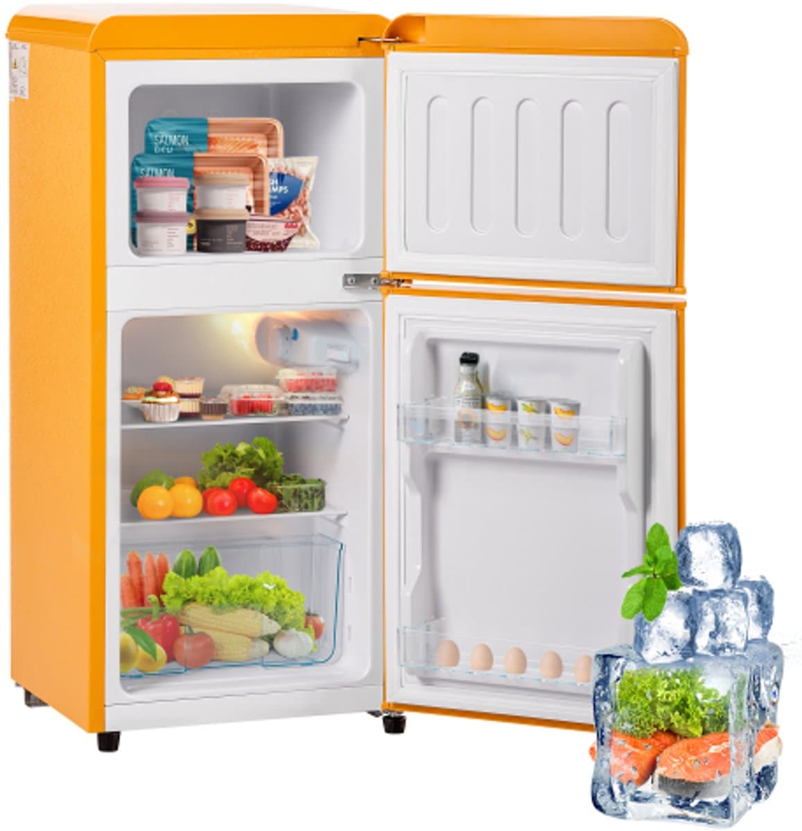 Retro koelkast. Vriescombinatie. 86,8 cm hoog, 45,5 cm breed, tweedeurs, met een totaal volume van 60 liter en een vriescapaciteit van 22 liter. 102 kWh/jaar, -27°C ~ 13°C, led-verlichting. Premium geel energieklasse E — afbeelding 1