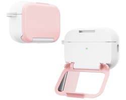 Telestore - Hoesje geschikte voor AirPods Pro 3 - TPU hybride hoesje Beschermhoes - hoesje met spiegel AirPods Pro 3 Cover - AirPods Pro 3 Hoesje - Geschikt voor Apple Airpods Pro 3 - roze wit - hard cover met make up spiegel - sleutelhanger