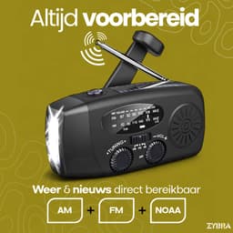 Zybra® Draagbare Noodradio - Powerbank 2000 mAh - Zaklamp - Solar opwindbaar - SOS alarm - USB-C kabel - Noodpakket - Kunststof - Zwart — thumbnail 2