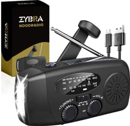 Zybra® Draagbare Noodradio - Powerbank 2000 mAh - Zaklamp - Solar opwindbaar - SOS alarm - USB-C kabel - Noodpakket - Kunststof - Zwart — thumbnail 1