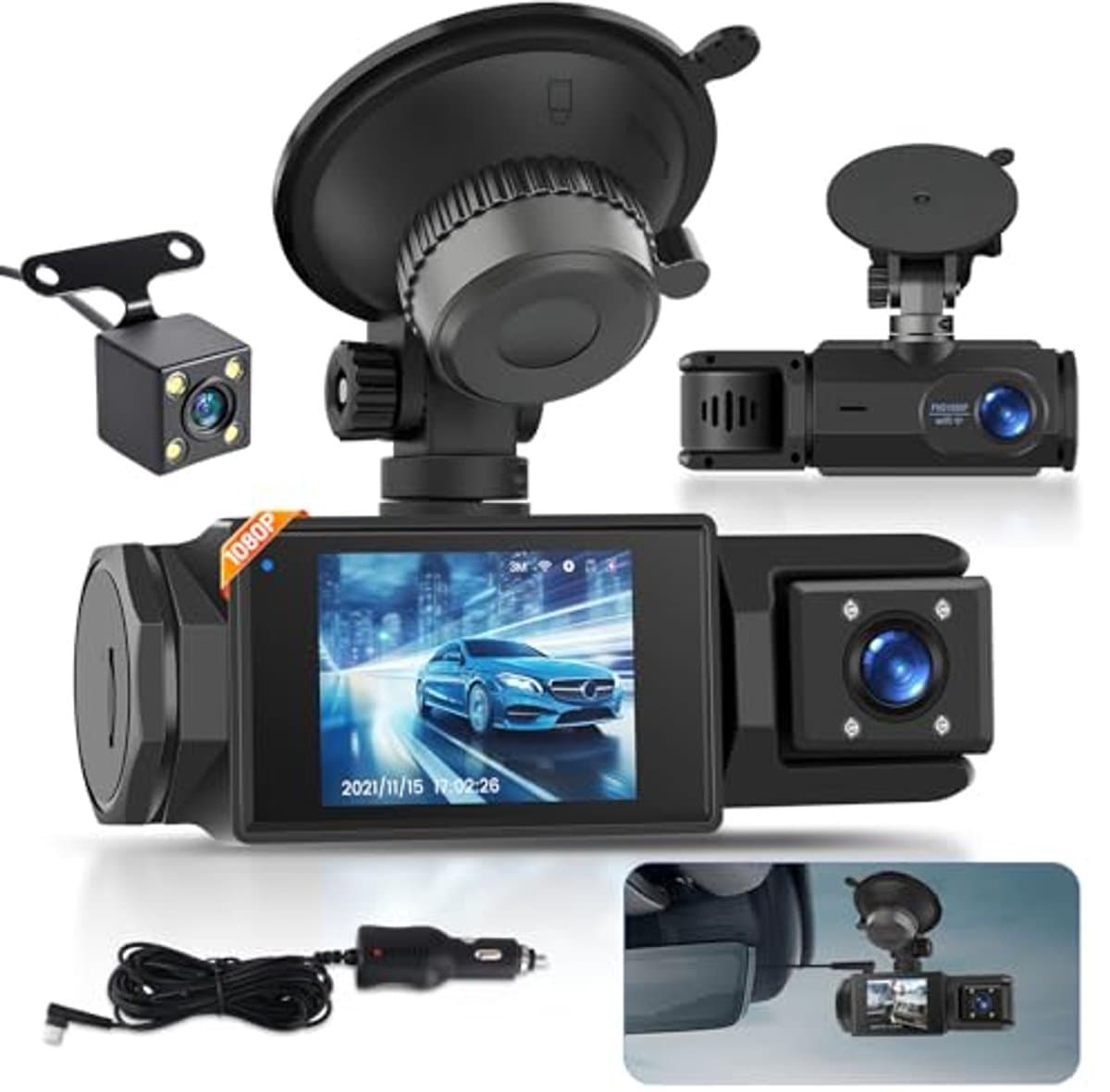 Dash Cam 1080P met 3 Kanalen, WiFi en Nachtzicht - Volledige HD Autobewakingscamera — afbeelding 1