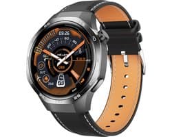 Knobbout 1.53" Scherm Stijlvolle Sport Smartwatch – NFC- Kompas, Hoogtemeter, Barometer-Bluetooth Bellen - Draadloos Opladen - hartslag, bloeddruk, zuurstofgehalte (SpO₂) - AI Assistent - medicatie innemen alert - Zwart Leren + Siliconen Band