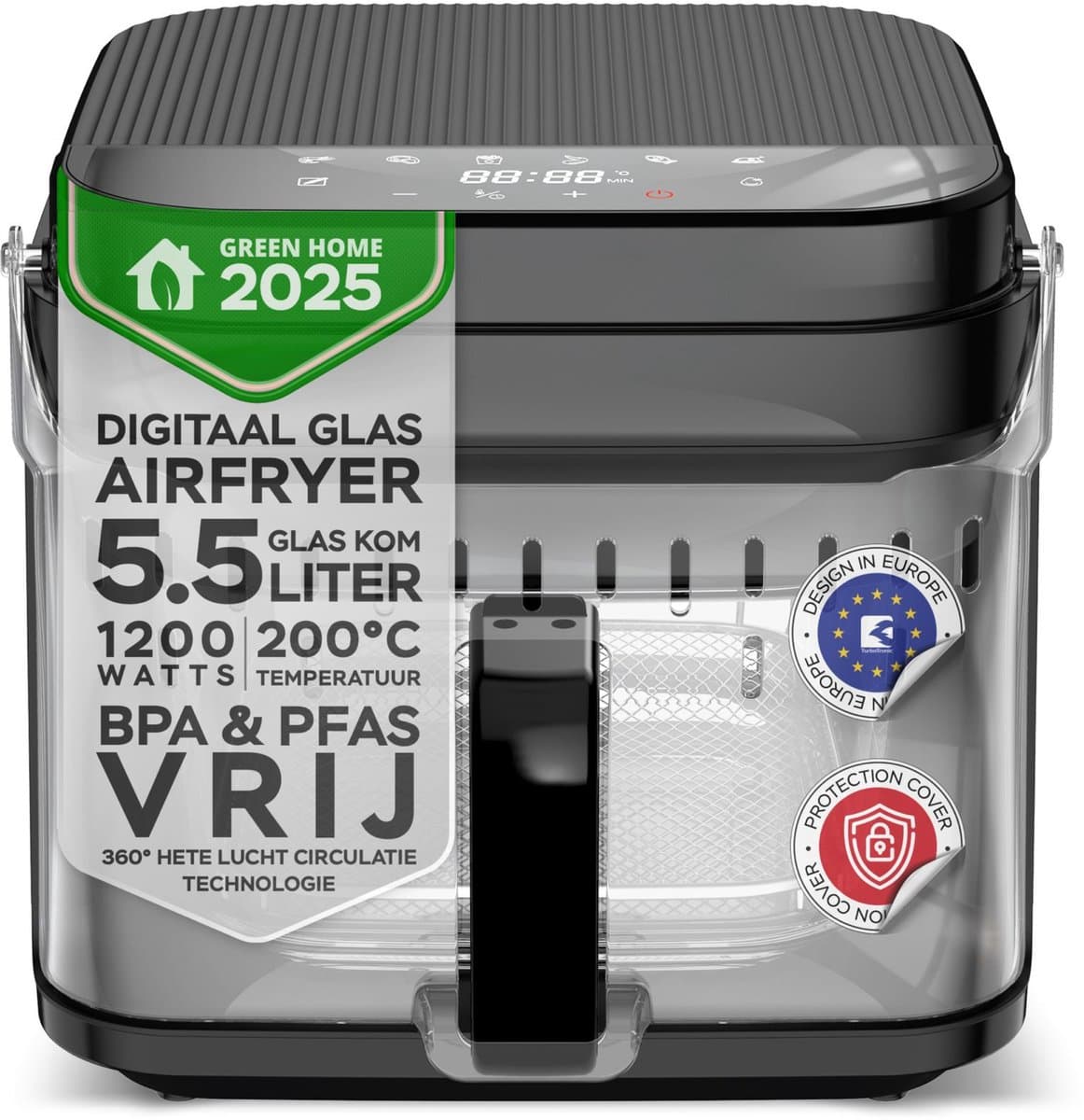 Turbotronic AFG5 Airfryer XXL met glazen bak- BPA & PFAS Vrij - 5.5L - Heteluchtfriteuse - Dual Heating - 40ºC tot 200ºC - 8 Kookprogramma's - Zwart — afbeelding 1