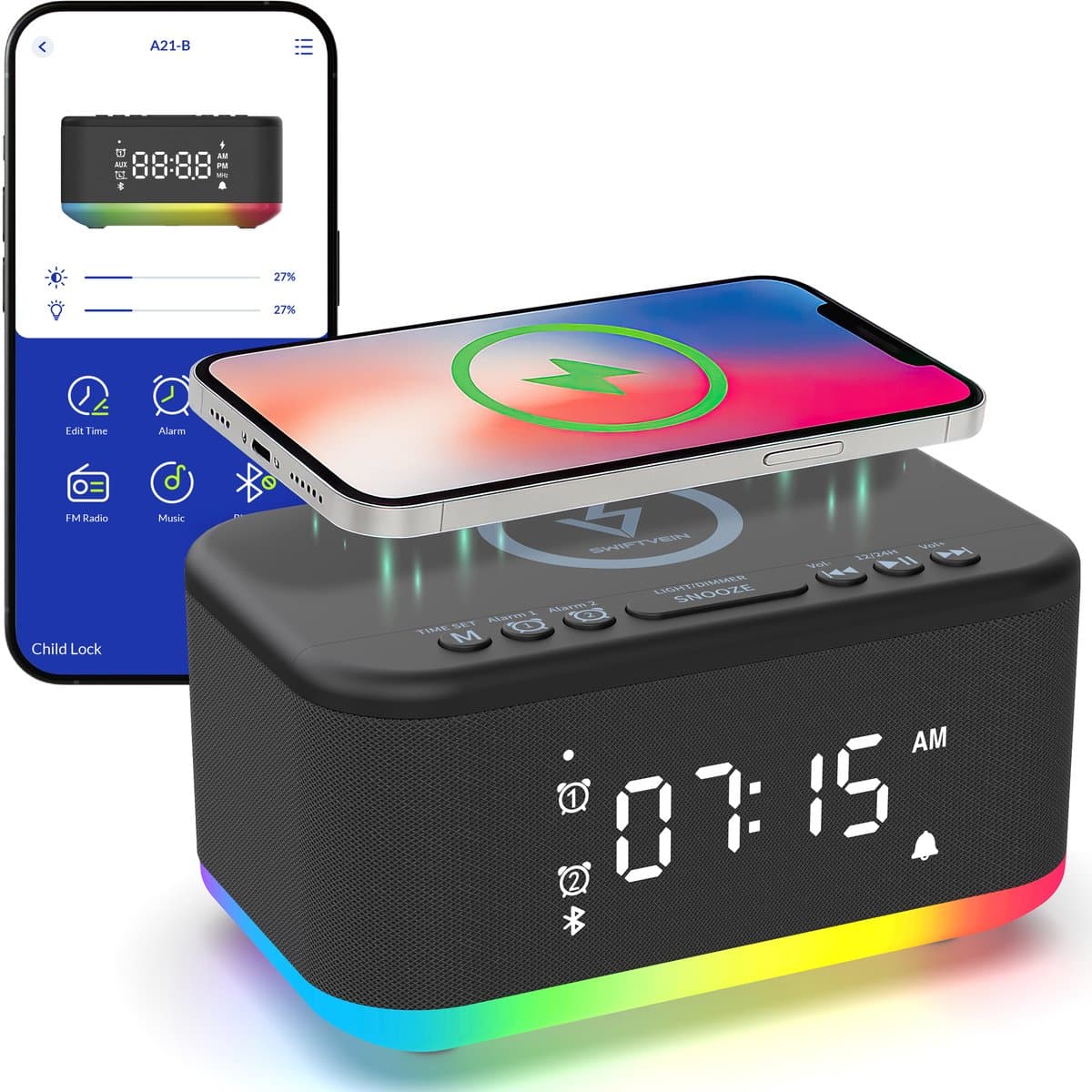Swiftvein Rise Digitale Wekkerradio - Wekker voor Kinderen en Volwassenen - Reiswekker met Alarm Klok - Klokradio voor Slaapkamer — afbeelding 1