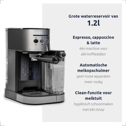 BluMill Koffiemachine - Pistonmachine - Incl. automatische melkschuimer & 2 portafilters - 1,2 Liter Waterreservoir - Zilver — thumbnail 3