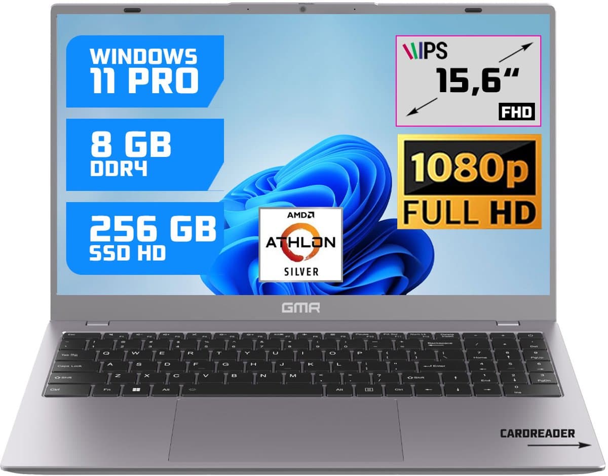 GMR 15.6" Full HD Laptop - 8GB RAM / 256GB SSD - AMD Athlon Silver - Win 11 Pro - Thuis, Office & Studie — afbeelding 1