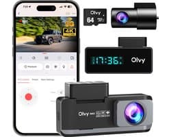 Olvy Dual Dashcam - Voor Auto - Camera Voor en Achter - 4K - Full HD - Nachtzicht - Met 64GB SD - Wifi